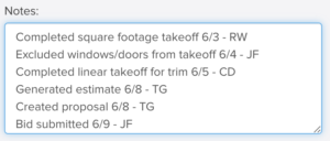 Running list of team's completed estimating tasks