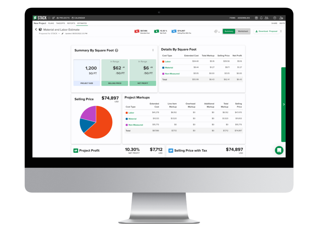 An Apple iMac shows a screen from STACK's estimating tool.