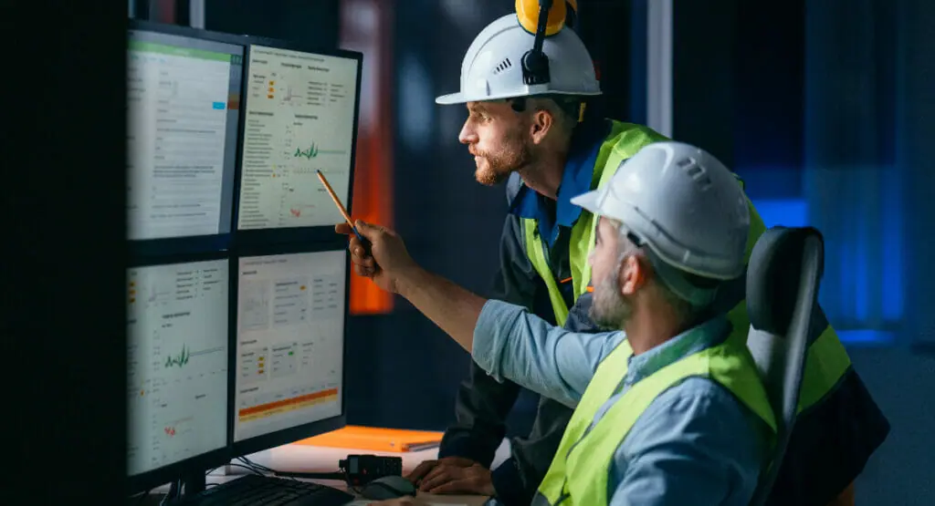 Two construction team members look at data on several computer monitors.