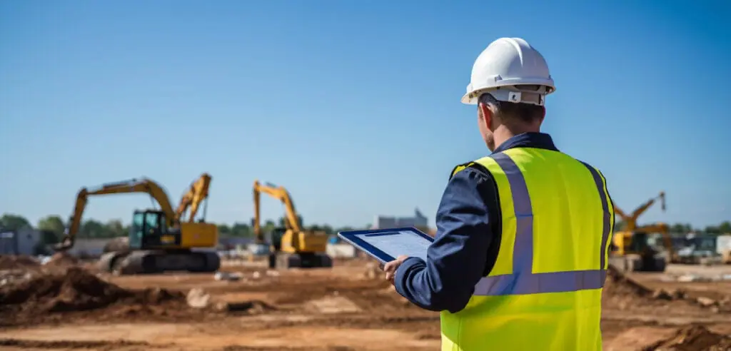 A contractor examines his tablet at the job site.