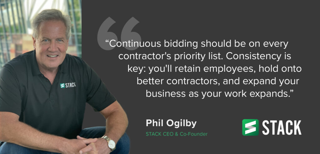 "Continuous bidding should be on every contractor's priority list. Consistency is key: you'll retain employees, hold onto better contractors, and expand your business as your work expands." – Phil Ogilby, STACK CEO & Co-Founder