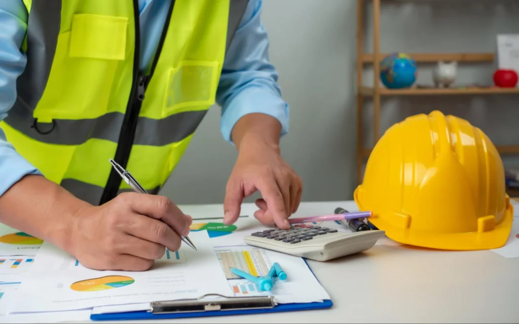 person typing into a calculator and looking at different construction plans