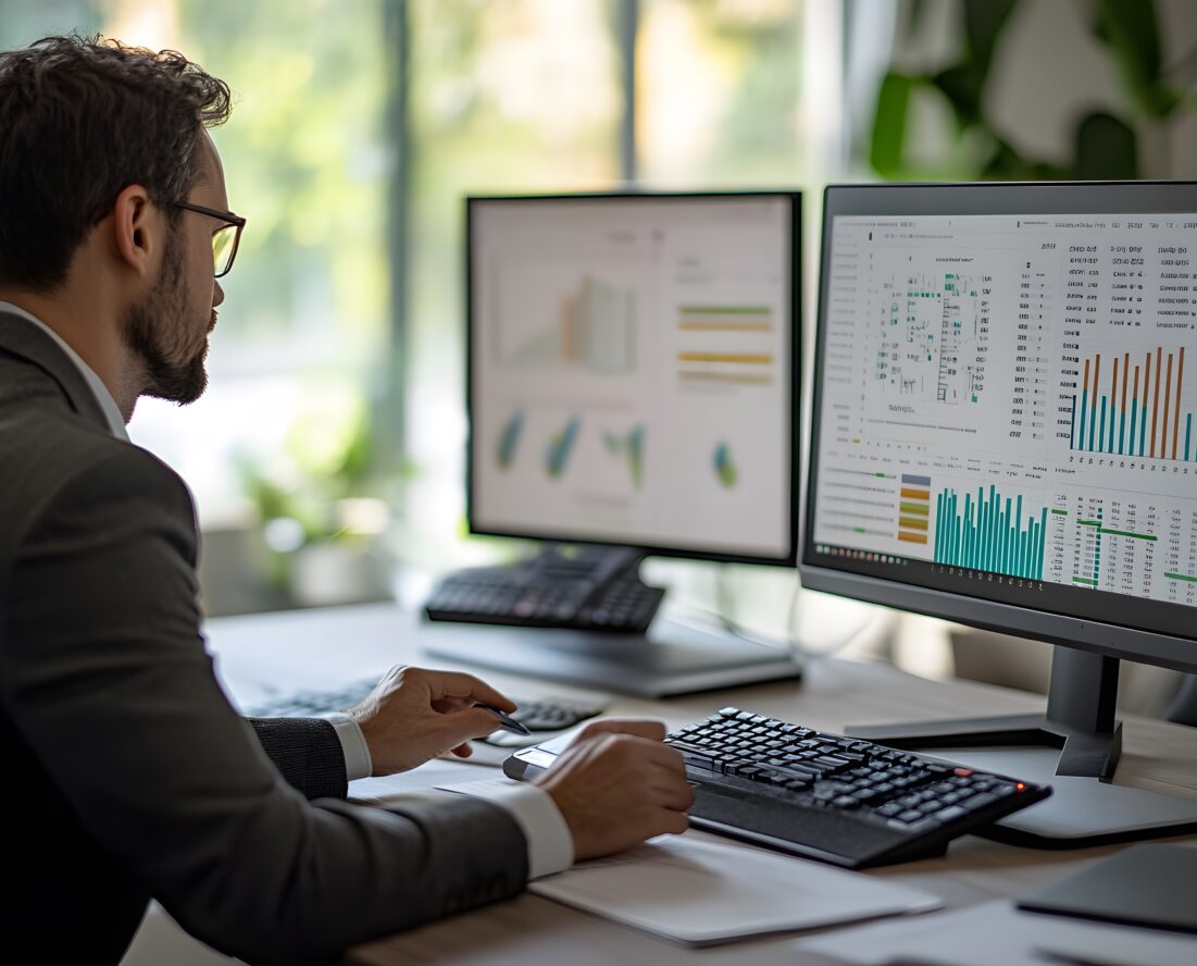 Businessman Analyzing Data on Computer Monitors
