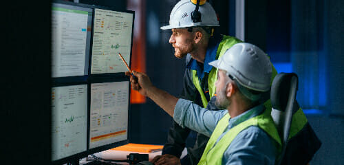 Two construction team members look at data on several computer monitors.