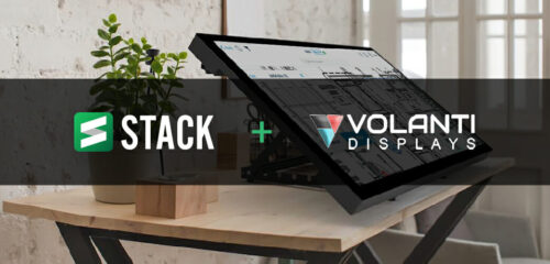 STACK + Volanti. In the background, a Volanti DIsplays tabletop display shows a SmartUse by STACK screen.